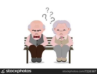 Senior couple with sad facial expressionold. Elderly people sitting on bench together. Vector illustration.
