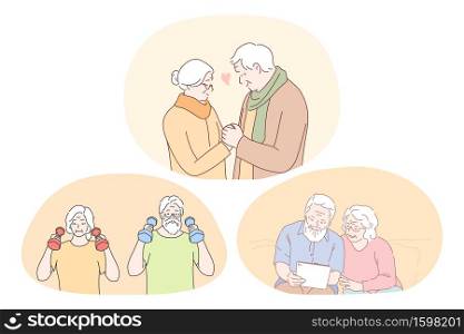 Senior elderly couple living happy active lifestyle concept. Mature aged couple making fitness training, reading book or looking at photo album and enjoying time and love together. Senior elderly couple living happy active lifestyle concept