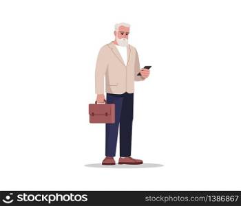 Senior employee semi flat RGB color vector illustration. Old person search for job. Elder man with smartphone and briefcase. Businessman isolated cartoon character on white background. Senior employee semi flat RGB color vector illustration