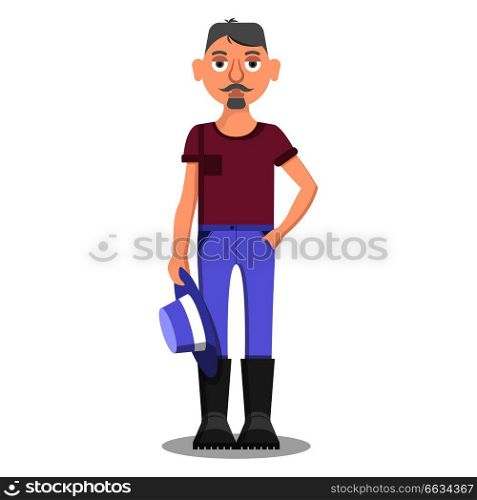 Senior farmer isolated on white stands and holds blue round hat. Vector illustration of agriculturist in violet t-shirt, black boots. Senior Farmer Isolated on White Holds Blue Hat