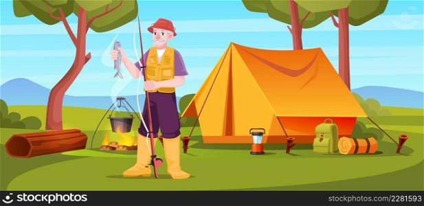 Senior fisherman holding fish and rod in summer camp, old man relax in forest with tent and campfire. Tourist summertime hobby, mature male character activity, leisure, cartoon Vector illustration. Senior fisherman holding fish and rod in camp