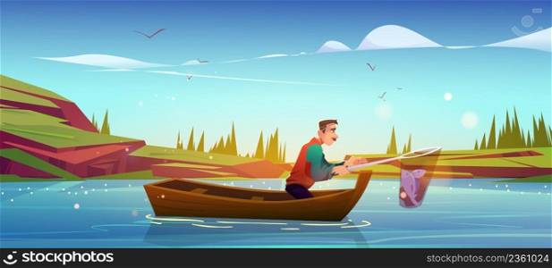 Senior fisherman in boat catching fish in net on lake or pond at summer time. Mature male character with haul in skip, recreational hobby, summertime activity, leisure, Cartoon vector illustration. Senior fisherman in boat catching fish on lake