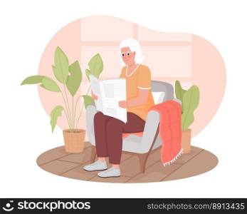 Senior lady looking through newspaper articles 2D vector isolated illustration. Reading news in armchair flat character on cartoon background. Colorful editable scene for mobile, website, presentation. Senior lady looking through newspaper articles 2D vector isolated illustration