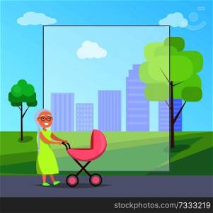 Senior lady with trolley pram walking in city park taking care about newborn girl on background of skyscrapers in city park vector with frame for text.. Senior Lady with Trolley Pram Walking in City Park