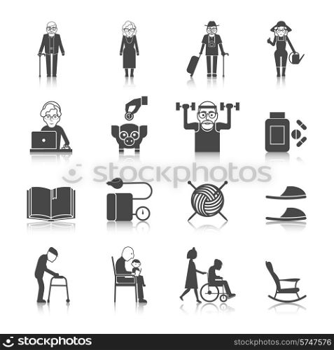 Senior lifestyle black icons set with old people with walkers glasses wheelchair isolated vector illustration
