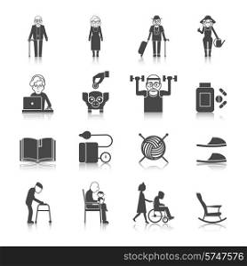 Senior lifestyle black icons set with old people with walkers glasses wheelchair isolated vector illustration
