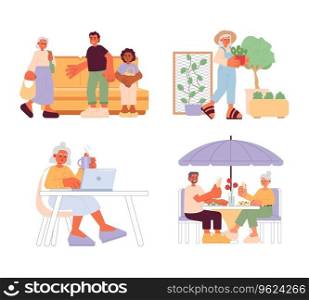 Senior lifestyle cartoon flat illustration set. Retiree adults 2D characters isolated on white background. Public transport etiquette. Elderly activities, hobbies scene vector color image collection. Senior lifestyle cartoon flat illustration set