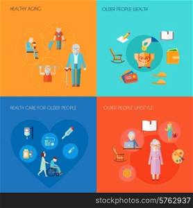 Senior lifestyle design concept set with healthy aging older people wealth old people health care flat icons isolated vector illustration