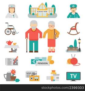 Senior lifestyle flat color icons set with elderly family couple nursing home and items for leisure activities isolated vector illustration . Senior Lifestyle Flat Icons Set