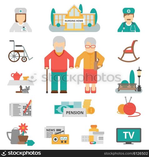 Senior Lifestyle Flat Icons Set. Senior lifestyle flat color icons set with elderly family couple nursing home and items for leisure activities isolated vector illustration