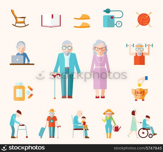 Senior lifestyle flat icons set with elderly family couple isolated vector illustration
