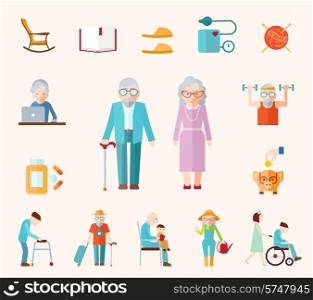 Senior lifestyle flat icons set with elderly family couple isolated vector illustration