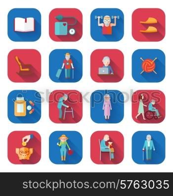 Senior lifestyle flat icons set with walker pills wheelchair isolated vector illustration. Senior Lifestyle Flat Icons
