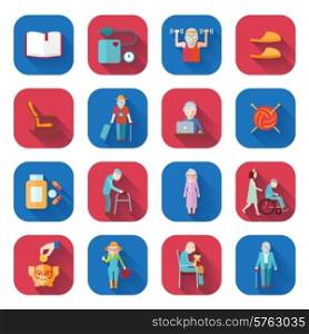 Senior lifestyle flat icons set with walker pills wheelchair isolated vector illustration. Senior Lifestyle Flat Icons