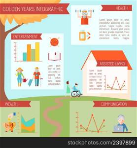 Senior lifestyle infographics with old people health symbols and statistics charts vector illustration
