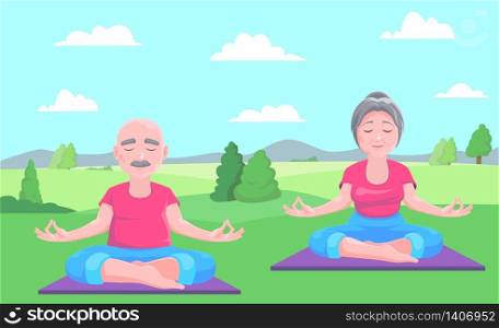 Senior man and woman meditates sitting on carpet.Vector illustration.