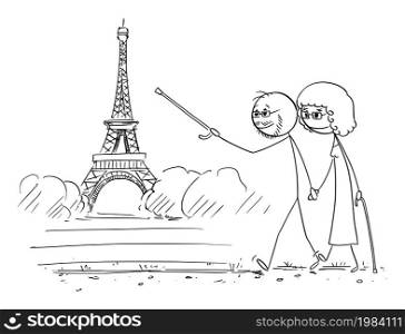Senior man and woman, old couple in Paris, vector cartoon stick figure or character illustration.. Old Couple, Senior Man and Woman in Paris, Vector Cartoon Stick Figure Illustration