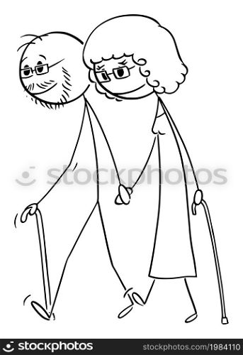 Senior man and woman, old couple, vector cartoon stick figure or character illustration.. Old Couple, Senior Man and Woman, Vector Cartoon Stick Figure Illustration