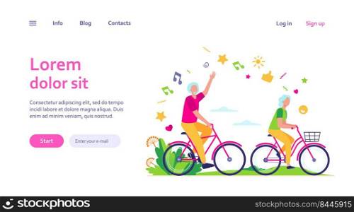 Senior man and woman riding bikes in city park. Happy cartoon old family couple enjoying outdoor activity. Vector illustration for retirement, active lifestyle, age, relationship concept
