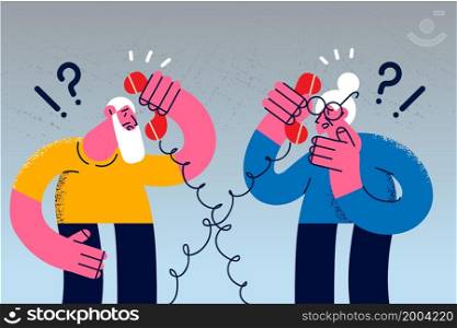 Senior man and woman talk on landline phone have bad provider connection. Elderly couple have telephone communication, experience network problems. Vector illustration, cartoon character. . Old man and woman have connection problems talking on phone
