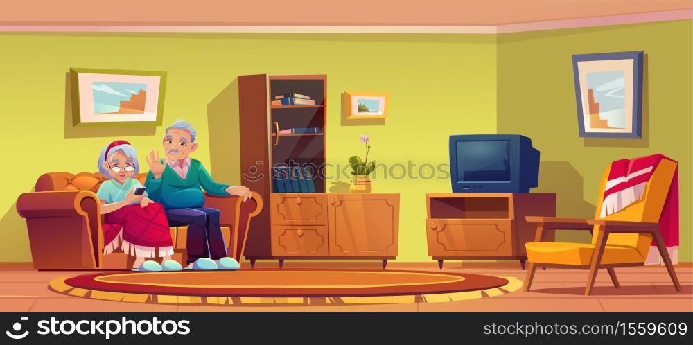 Senior man and woman talking by mobile phone sit on couch in nursing home room interior. Old lady wrapped in plaid and grey haired pensioner relax on sofa use smartphone, Cartoon vector illustration. Senior man and woman talking by mobile phone.