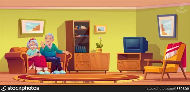 Senior man and woman talking by mobile phone sit on couch in nursing home room interior. Old lady wrapped in plaid and grey haired pensioner relax on sofa use smartphone, Cartoon vector illustration. Senior man and woman talking by mobile phone.
