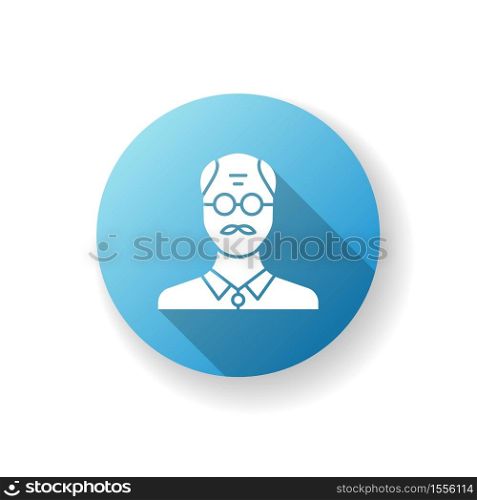 Senior man blue flat design long shadow glyph icon. Male elder. Old person. Grandfather with mustache. Mature person. Pensioner in retirement. Adult portrait. Silhouette RGB color illustration. Senior man blue flat design long shadow glyph icon
