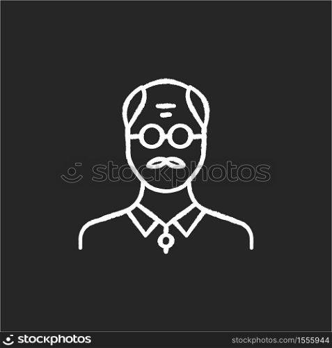 Senior man chalk white icon on black background. Male elder. Old person. Grandfather with mustache. Middle age human avatar. Mature person. Adult portrait. Isolated vector chalkboard illustration. Senior man chalk white icon on black background