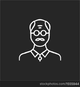 Senior man chalk white icon on black background. Male elder. Old person. Grandfather with mustache. Middle age human avatar. Mature person. Adult portrait. Isolated vector chalkboard illustration. Senior man chalk white icon on black background
