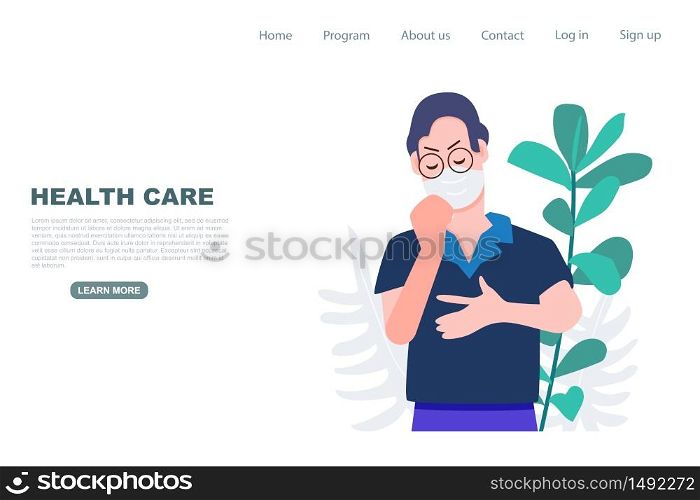 Senior man get sick landing page. Health care and medical flat character vector illustration