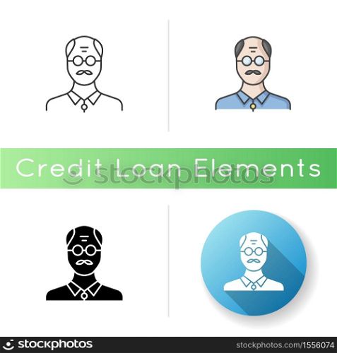 Senior man icon. Male elder. Old person. Grandfather with mustache. Middle age human avatar. Mature person. Adult portrait. Linear black and RGB color styles. Isolated vector illustrations. Senior man icon