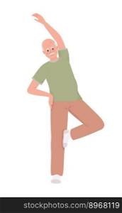 Senior man improving balance with exercise semi flat color vector character. Editable figure. Full body person on white. Simple cartoon style illustration for web graphic design and animation. Senior man improving balance with exercise semi flat color vector character