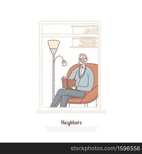 Senior man in window reading book, psychiatrist private office, grandfather neighbor sitting in armchair, making notes banner. Apartment building room concept cartoon sketch. Flat vector illustration. Senior man in window reading book, psychiatrist private office, grandfather neighbor sitting in armchair, making notes banner