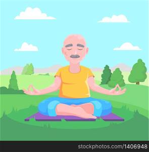Senior man meditates sitting on carpet.Vector illustration.