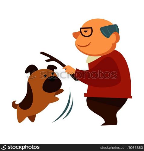 Senior man playing with mop canine pet, holding wooden stick vector. Pensioner with tree branch, throwing to his dog, funny games with playful domestic animal. Doggy companion to elderly person. Senior man playing with mop canine pet, holding wooden stick