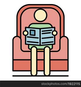 Senior man read newspaper in armchair icon. Outline senior man read newspaper in armchair vector icon color flat isolated on white. Senior man read newspaper in armchair icon color outline vector