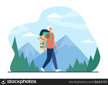 Senior man trekking in mountains. Grey haired male tourist with backpack flat vector illustration. Outdoor activity, adventure travel, lifestyle concept for banner, website design or landing web page