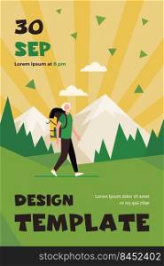 Senior man trekking in mountains. Grey haired male tourist with backpack flat vector illustration. Outdoor activity, adventure travel, lifestyle concept for banner, website design or landing web page
