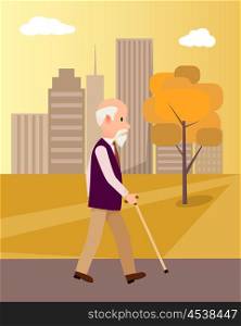 Senior Man with Walking Stick in City Park Poster. Senior man with walking stick in city park on background of skyscrapers vector illustration at suncet. National grandparents day poster