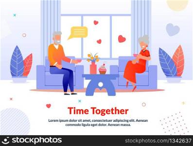 Senior Married Man and Woman Couple Rest at Home. Grandparents Talking, Drinking Coffee or Tea, Sitting in Armchairs. Living Room Interior. Flat Poster. Time Together. Vector Cartoon Illustration. Senior Married Couple Rest at Home Flat Poster