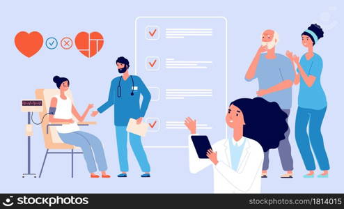 Senior medical check up. Old patients healthcare, elderly effective lifestyle. Doctors nurse with adult woman and man, people examination in hospital vector illustration. Pensioner check up health. Senior medical check up. Old patients healthcare, elderly effective lifestyle. Doctors nurse with adult woman and man, people examination in hospital vector illustration