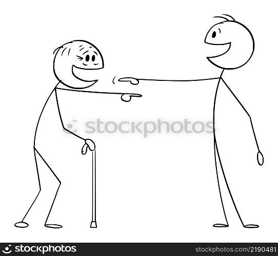 Senior or old and young person pointing and laughing together or each other, vector cartoon stick figure or character illustration.. Young and Old Person Laughing Each Other or Together, Vector Cartoon Stick Figure Illustration