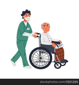 Senior patient. An elderly man in a wheelchair and male nurse in a face mask on a white background. Senior people protection, stay safe concept. Simple flat vector illustration. Senior patient. An elderly man in a wheelchair and male nurse in a face mask on a white background. Senior people protection, stay safe concept. Simple flat vector illustration.