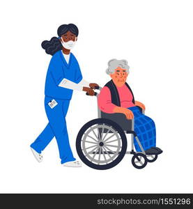 Senior patient. An elderly woman in a wheelchair and african american nurse in a face mask on a white background. Senior people protection, stay safe concept. Simple flat vector illustration. Senior patient. An elderly woman in a wheelchair and african american nurse in a face mask on a white background. Senior people protection, stay safe concept. Simple flat vector illustration.