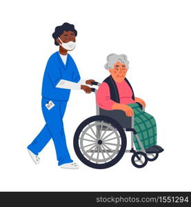 Senior patient. An elderly woman in a wheelchair and male nurse in a face mask on a white background. Senior people protection, stay safe concept. Simple flat vector illustration. Senior patient. An elderly woman in a wheelchair and male nurse in a face mask on a white background. Senior people protection, stay safe concept. Simple flat vector illustration.