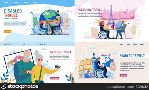 Senior People and Young Disabled Person Travel Set. Landing Page, Banner, Poster Abstract Design with Happy Man, Woman Different Age and Opportunities during World Voyage. Romance and Adventure