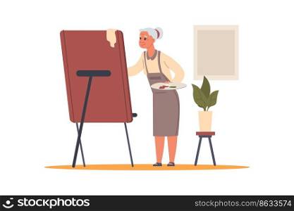 Senior people. Elderly cartoon character drawing picture with easel and paint palette. Grandmother leisure. Retired person hobby. Aged painter. Pensioner woman creative activities. Vector illustration. Senior people. Elderly cartoon character drawing picture with easel and palette. Grandmother leisure. Retired person hobby. Aged painter. Pensioner woman activities. Vector illustration