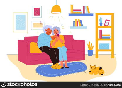 Senior people gadgets in room. Happy elderly couple on sofa in living room, pensioners mastering new device, grandparents hold smartphone, online communication, vector cartoon flat isolated concept. Senior people gadgets in room. Happy elderly couple on sofa in living room, pensioners mastering new device, grandparents hold smartphone, online communication vector cartoon flat concept