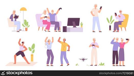 Senior people have fun with gadgets, use phone, dance and play. Elderly woman in virtual glasses. Active progressive grandparents vector set. Pensioners with various devices as drone and tablet. Senior people have fun with gadgets, use phone, dance and play. Elderly woman in virtual glasses. Active progressive grandparents vector set