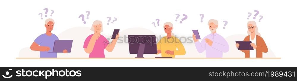 Senior people have problem with technology, phone, computer and tablet. Elderly characters trouble with communication gadgets vector concept. Retired man and woman studying to use devices. Senior people have problem with technology, phone, computer and tablet. Elderly characters trouble with communication gadgets vector concept